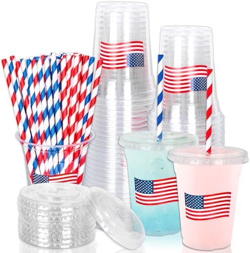 Whaline 50Pcs 12Oz Patriotic Disposable Plastic Cups with Lids and Straws 4th of July American Flag Cold Beverage Drinking Cups for 250th Anniversary Independence Day Party Supplies by Whaline