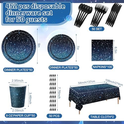 Funnymoom 452 Pcs Galaxy Party Decorations for 50, Starry Night Theme Paper Plates Napkins Cups Tablecloth Cutlery Straws for Outer Space Theme Birthday Bridal Baby Shower Party Decorations Supplies - Image 2