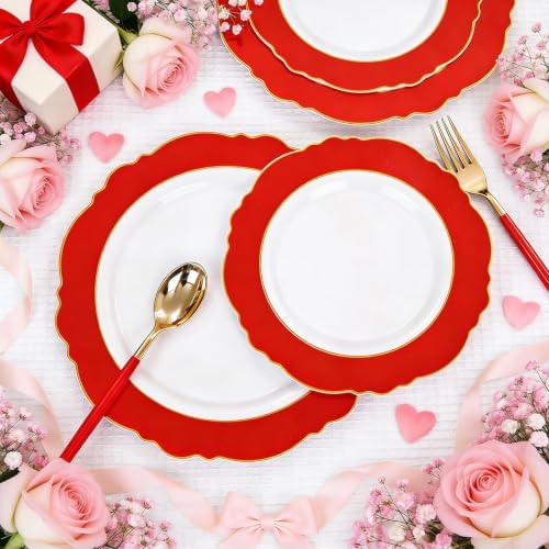 WDF 60pcs Red Plastic Plates Disposable - 7.5inch Heavy Duty Red Dessert/Salad/Cake Plates for Wedding Party Birthday/Summer Party - Image 4