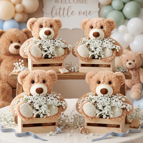Amyhill 4 Sets Bear Baby Shower Centerpieces Baby Shower Table Decorations with Bears Wooden Crates Bamboo Baskets Artificial Flowers for Birthday Wedding Gender Reveal Party(Classic) - Image 3