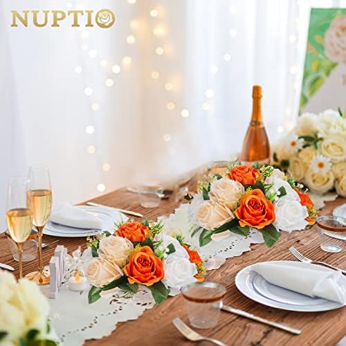 NUPTIO Flower Ball Arrangement Bouquet - 10 Pcs 9.5 inch Diameter Orange Fake Flowers Roses Balls for Centerpieces Tables - Artificial Rose Arrangements for Wedding Centerpiece Table Decorations - Image 4