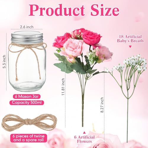 Zeyune 6 Sets Mason Jar Flowers Centerpiece Table Decorations,Pink Mix - Image 3