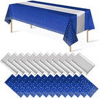 24Pack Disposable Plastic Tablecloths and Satin Table Runner Set Blue and Silver Dot Tablecloth Silver Satin Table Runner for Wedding Birthday Baby Shower Anniversary Christmas New Year Party Supplies by MASHAN