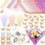 Qilery 334 Pcs Flower Wrapping Paper Set,153 Waterproof Floral Bouquet Wrapping Paper,72 3D Gold Butterfly Decoration,100 Pins, 6 Crowns and 3 Ribbons for DIY Craft(Adorable Color) by Qilery