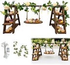 Wooden 3 Tier Cupcake Stand with Swing, Star String Lights & Champagne Flower Vine, Rustic Dessert Table Display Set, Tiered Food Serving Tray for Party, Wedding, Catering Centerpieces by Unknown