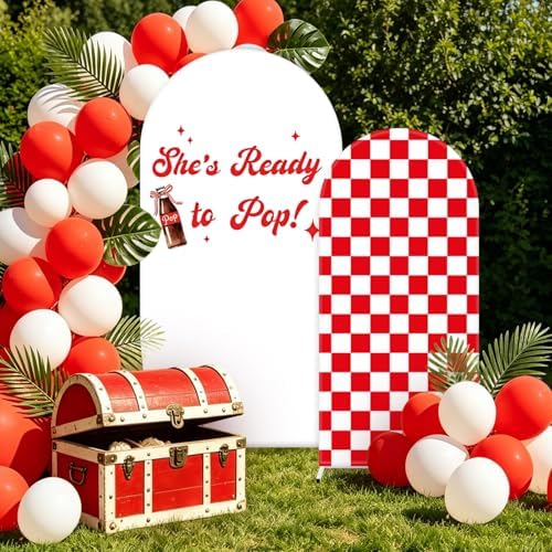 FYSUIMU 2 Pcs She’s Ready to Pop Arch Backdrop Covers Red Plaid Soda Bottle Stretchy Spandex Arch Stand Fabric Cover for Baby Shower Gender Reveal Party Decorations (5ft/6ft) - Image 4