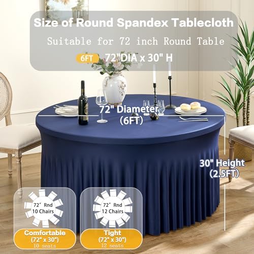8 Pack Navy Blue Spandex Round Tablecloths for 72inch Table, Wrinkle Free 132in Stretchy Fitted 6ft Tablecloths, Round Table Clothes Covers with Skirt for Wedding Birthday Parties Banquet - Image 6