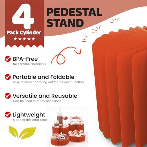 HeiMma 4 Pack Buffet Risers, Foldable Accordion Food Display Risers with Acrylic Disc, Dessert Table Display Set, Cardboard Paper Cupcake Cake Stand for Party Cylinder Stands for Parties Drink Collectibles Jewelry Figures, Multi-height, Red - Image 5