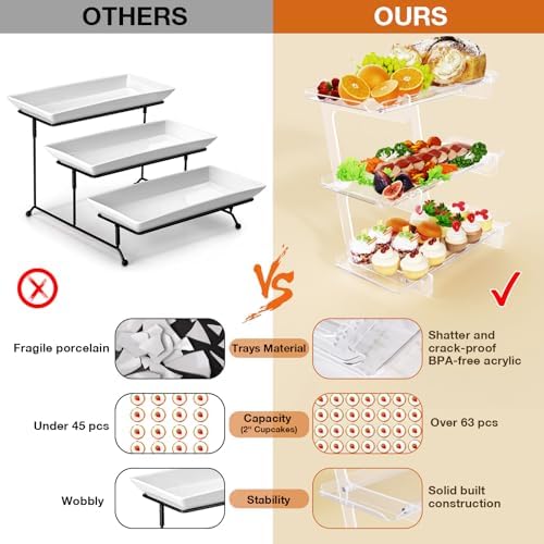 Bakzon 3 Tier Acrylic Serving Tray, 15.3" x 7.1" Dessert Table Display Set Stand for Party, Desserts, Fruits, Cookies – Reusable Collapsible Tiered Platters for Cupcakes, Veggies, and Sweet Treats - Image 2