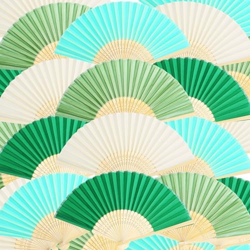 Blulu 40 Pcs Green Hand Fans Bulk Folding Bamboo Silk Foldable Handheld Fan for Women DIY Line Dance Clapping Popping Wedding Bridal Shower Baby Shower Birthday Party Favors Gift Decoration by Blulu