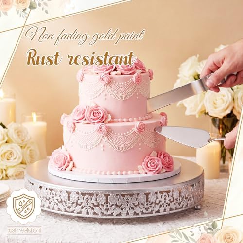 Wenqik 16 Inch Silver Cake Stand Set Metal Round Cupcake Dessert Stand with Cake Cutting, Flower Spatula Wedding Cupcake Pastry Display Candy Holder Display for Wedding Party Birthday Baby Shower - Image 4