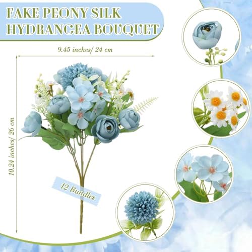 Tigeen 12 Bundles Peonies Artificial Flowers Faux Roses, Mist Blue - Image 2