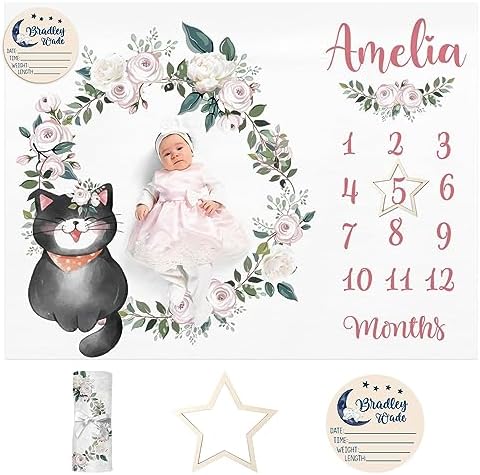 Custom Name Baby Milestone Blanket - Baby Milestone Monthly Blanket with Double Sided for Boy Girl Baby Photography Props - Pink Cat Print Gifts for Kids Infant by Dyoart