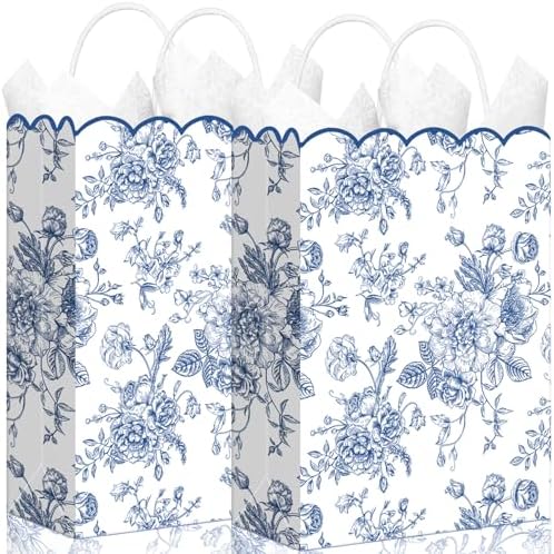 Kolldenn 24 Pcs Blue Floral Gift Bags with Handles, 10x5x13 In by Unknown