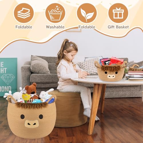 Highland Cute Cow Basket Set for Nursery, Woven Storage Cotton Rope Basket, Baby Blanket 0rganizer with Ears Handles, Blanket Towel Decor Toy Clothes Gifts Storage Cat Dog Bin, Pack of 2 - Image 3