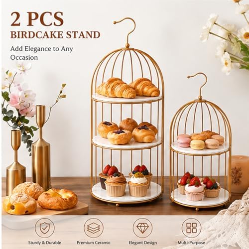 Gold Bird Cage Cupcake Stand Set, 2-Piece 3-Tier and 2-Tier Acrylic Dessert Display Trays, Metal Serving Stands for Wedding, Birthday, Baby Shower, Tea Party and Buffet Table Decor - Image 3