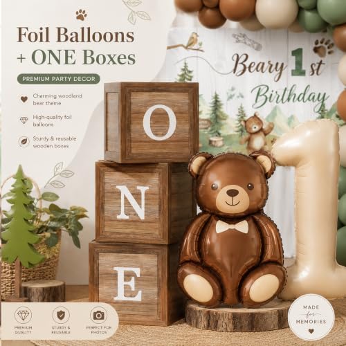 Beary First Birthday Decorations for Boy, All-In-One Woodland Bear Themed 1st Birthday Party Decorations Kit, Forest Bear Backdrop Balloon Garland Box Banner for Beary 1st Birthday Decorations Boy - Image 7