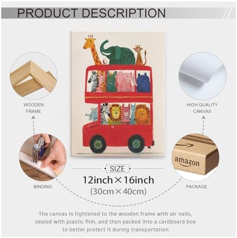 Wrapped Framed Cute Colorful Animal Canvas Wall Art Modern Funny Kids Posters Safari Animals On Red Bus Scene Prints For Toddler Bedroom Nursery Wall Decor 12x16 inch - Image 2