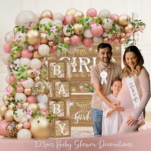 Baby Shower Decoration for Girl, Pink Rose Gold Baby Shower Party Supplies, Floral Gender Reveal Party Decor, Baby Boxes, Mom to Be Sash and Dad to Be Pin, Pink Balloon Arch Backdrop Tablecloth - Image 6