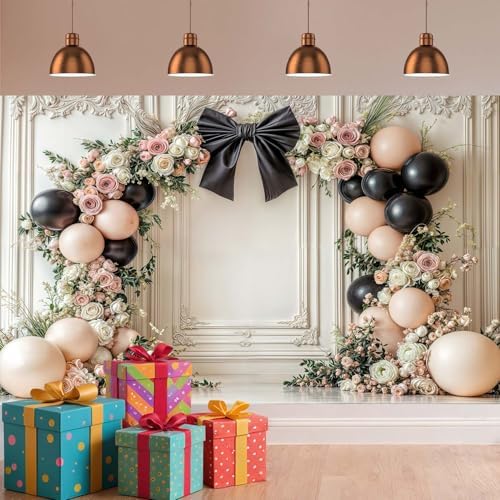 10x8ft Bow Wedding Photography Backdrop Black Bow Floral Balloons Backdrops White Vintage Wall Background Coquette Banner for Girls Birthday Party Decorations - Image 5