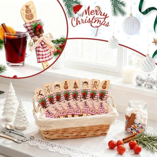 12 Sets Christmas Wooden Spoons Bridal Shower Favors Baby Shower Kitchen Utensils Set Wooden Spoons Waffle Towel and Christmas Tags Prizes for Xmas Party House Kitchen Supplies - Image 6