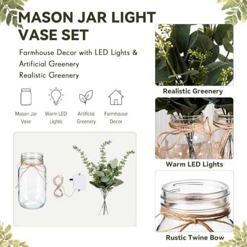 4 Sets Eucalyptus Mason Jar Centerpiece with LED Lights for Wedding - Image 3
