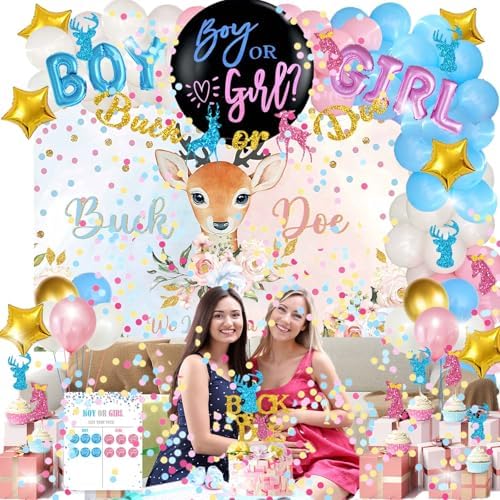 Hombae Buck or Doe Gender Reveal Decorations, 169 PCs Boy or Girl Gender Reveal Decorations Backdrop Balloon Garland Banner Tablecloth Cake Cupcake Topper Box Cutout Poster Sash Blue Pink - Image 7