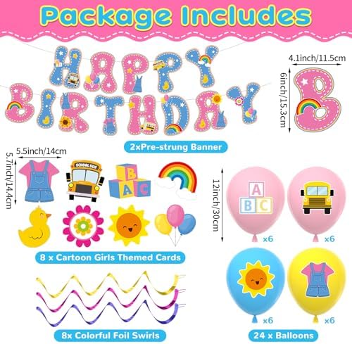 156Pcs Girls Birthday Party Decoration Set Cartoon Teacher Paper Plates and Napkins Happy Birthday Banner Hanging Swirls Cupcake Toppers Tablecloth for Girls Baby Shower English Teacher Party Supplies - Image 3
