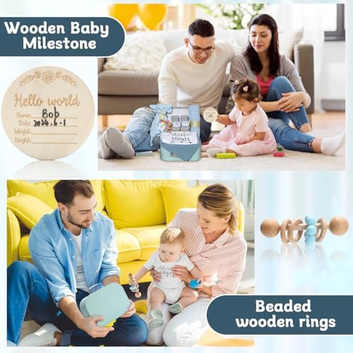 Baby Gift Set Baby Shower Gifts Basket for Newborns New Born Baby Boy Gift Set Blue Baby Gift Basket with Baby Rattle Muslin Towel Security Blanket Gender Reveal Gifts for Baby Girls Boys - Image 5