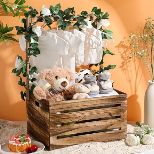 Barydat Wood Baby Shower Basket with Hanger Rack Crate Closet, Dark Walnut - Image 5
