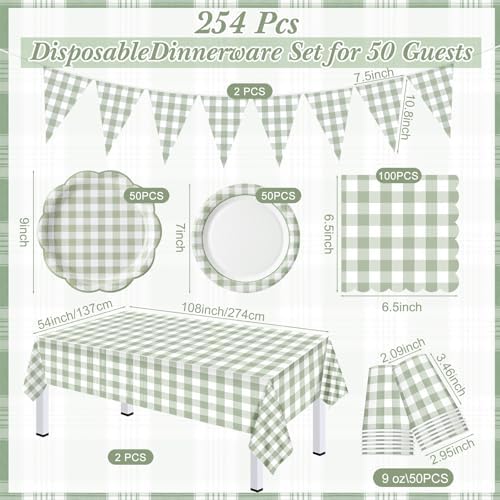 Sage Green 254 Pcs Gingham Plates Napkins Party Supplies for 50 - Image 3