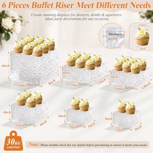 Acrylic Buffet Risers with Mini Sign and Maker, Clear Hammered Water Ripple Dessert Display Stands for Catering Cakes Cupcakes Desserts Drinks Décor Acrylic Display Risers Stackable Nesting Storage - Image 2