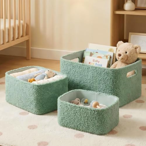 Boucle Nursery Storage Baskets Set of 3, Decorative Nesting Fabric Bins for Shelves, Changing Tables, Dressers and Closets, Baby Toys, Diapers, Clothes, Books, Blankets, Sage Green by Unknown