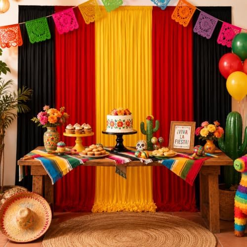 Red Black Yellow Backdrop Curtains 10x7FT, Wrinkle-Free Fabric Photo Backdrop Curtains for Mexican Fiesta Party, Latin Theme, Carnival Decor, Hip Hop Birthday, Soccer Watch, Cultural Event - Image 2