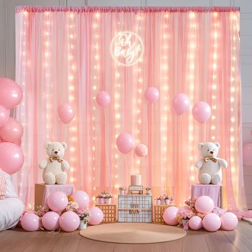 10ft x 10ft Baby Pink Backdrop Curtain with Lights String for Parties,2 Panels Sheer Tulle Curtain Wedding Photo Backdrop with Lights for Baby Shower Birthday Party Ceremony Home Decorations - Image 3