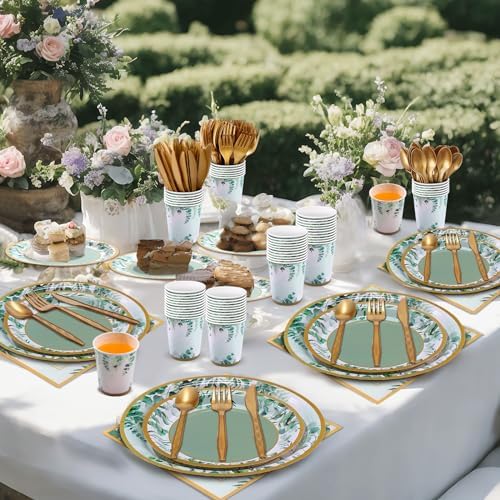 Ziliny 350 Pcs Sage Green Party Supplies Serves 50 Disposable Eucalyptus Paper Plates Napkins Cups Plastic Cutlery Tableware Set for Wedding Birthday Bridal Shower Tea Party Decoration - Image 6