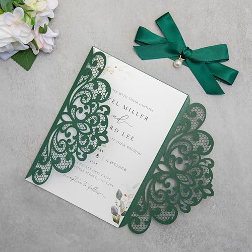 20Pcs Emerald Green Laser Cut Wedding Invitation Cards With Envelopes - Image 4