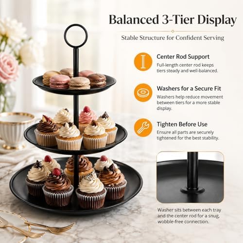 YOUNTHYE Black Cupcake Stand 3 Tier, Stainless Steel Tiered Dessert Stand for Wedding, Birthday, Tea Party, Holiday Dessert Table, Serving Tray for Cupcakes, Cookies, Macarons and Fruit - Image 6