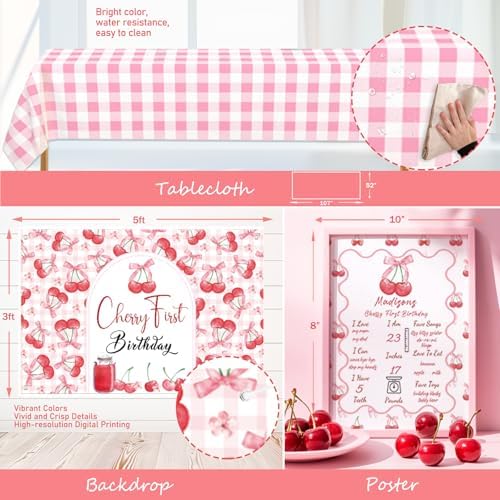 Hombae Cherry First Birthday Decorations – 125 PCs Cherry Themed 1st Birthday Party Supplies with Backdrop, Balloon Garland, Banner, Balloon Boxes, Number 1 Foil Balloon, Cake Topper - Image 5