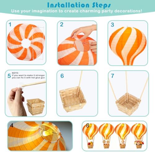 8 Sets Hot Air Balloon Decorations with Led Light,11.8" Baby Shower Centerpieces For Tables Paper Lantern Baby Boy Shower Decorations With Basket For Gender Reveal Birthday Wedding Party (Orange) - Image 3