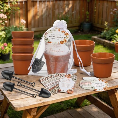 24 Sets Little Pumpkin Baby Shower Favor Kit, Mini terracotta-colored plastic flower pots with Seed Envelopes, Organza Bags, Thank You Tags, Jute Twine, Mini Garden Shovels, Fall Pumpkin Themed Plant - Image 4