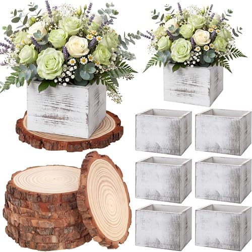 Leinuosen 16 Pcs Wedding Centerpieces Decor Set 8 x 4-inch Rustic Wood Cube Planter Box with 8 x Natural Wood Slices Tabletop Floral Arrangements for Baby Shower Home Garden Decorations(White) by Leinuosen