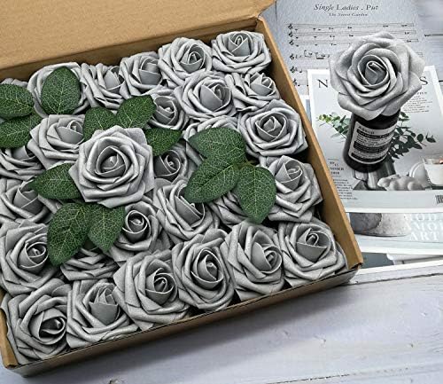 D-Seven Artificial Flower 50pcs Silver Gray Fake Roses with Stem for DIY Wedding Bouquets Floral Arrangements Bridal Shower Baby Shower Party Home Decor - Image 2