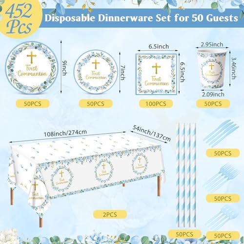 Ceenna 452 Pcs First Communion Party Decoration Boy for 50, Blue Baptism Paper Plate Napkin Cup Tablecloth Cutlery Straw God Bless Disposable Tableware for Christening Religious Baby Shower Supplies - Image 3
