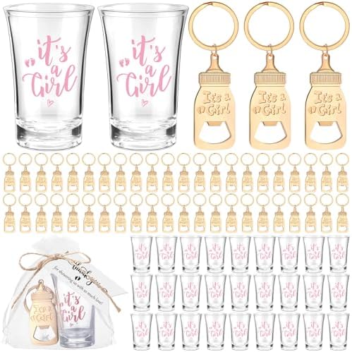 Vesici 50 Set It's a Girl Baby Shower Favors Acrylic Shot Glasses Gold Bottle Opener Keychains Thank You Tags and Bags for Baby Shower Party Gender Reveal Party Guests Return Gift (it's a Girl) by Vesici