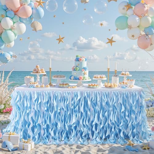 Wish Care 6ft Light Blue Sequin Table Skirt for Rectangle Tables Glitter Curly Willow Tutu Skirt Ruffle Table Cloth Desk Skirts for Birthday Baby Shower Ocean Baby Shark Party Cake Table Decorations - Image 3
