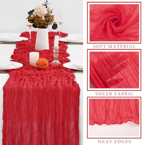 Red 12 Pieces 35 x 120 Inches Long Cheesecloth Table Runner Gauze Fabric 10Ft Boho Table Runner Rustic Sheer Runner for Wedding Baby Bridal Shower Birthday Holiday Party Table Arbor Decor (Red) - Image 2