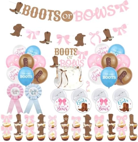 92Pcs Boots and Bows Gender Reveal Decorations Include Banner-Balloons-Cake Topper-Cupcake Toppers-Aluminum Film Balloons Gender Reveal Pins for Boots and Bows Party Decorations by Unknown
