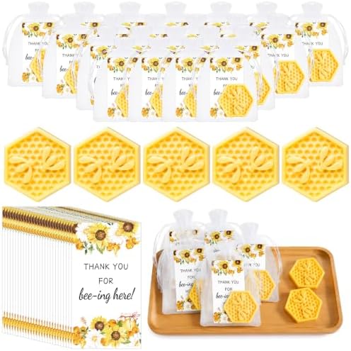 60 Set Bee Themed Baby Shower Favors for Guest Honeycomb Soap, Including Honey Soap with Thank You Card Gift Bags, Return Gifts for Gender Reveal Party Decorations Baby Shower Gifts Souvenirs Prizes by Yuuchoringee