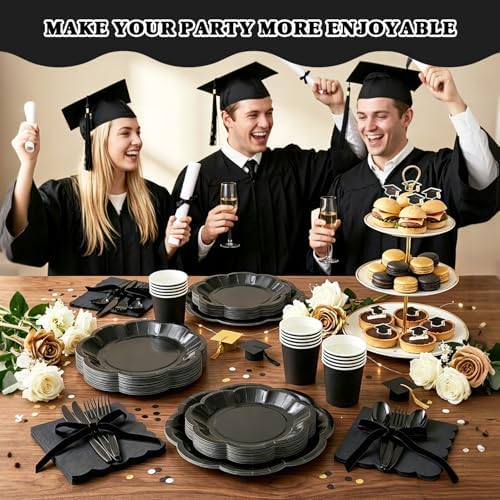 Vyntra Black Paper Plates, Cups & Napkins, 350 Pcs Scalloped Party Set - Image 7